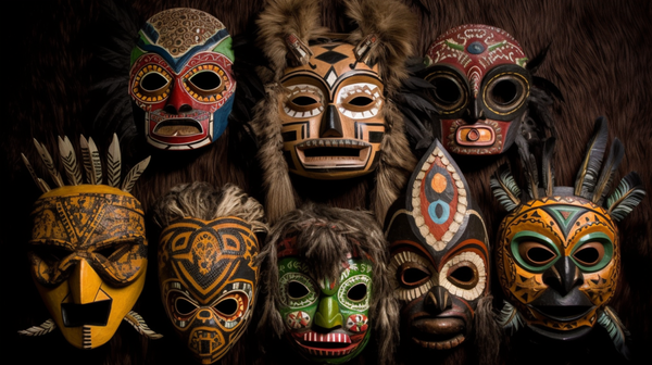 A diverse collection of tribal masks showing a variety of colors, patterns, and expressions, symbolizing cultural diversity and the transformative power of masking.