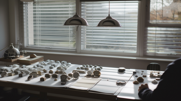 Morning sunlight streams through the horizontal louvres of an east-facing window in a horology workshop, illuminating the workspace.