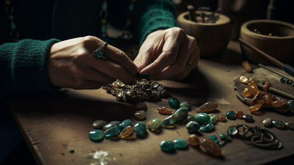 An artisan crafting a piece of jewelry from recycled materials, symbolizing sustainable and ethical jewelry production.