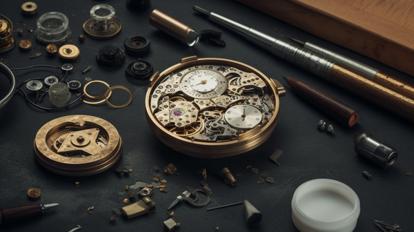 overhead shot of a vintage watch being disassembled on a watchmaker's bench