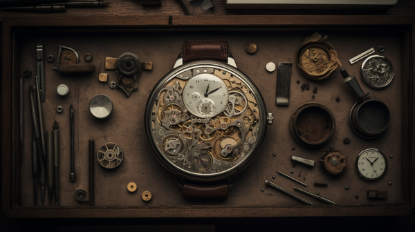 An overhead shot of a vintage watch being disassembled on a watchmaker's bench