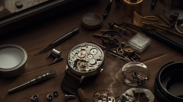 vintage watch being disassembled on a watchmaker's bench