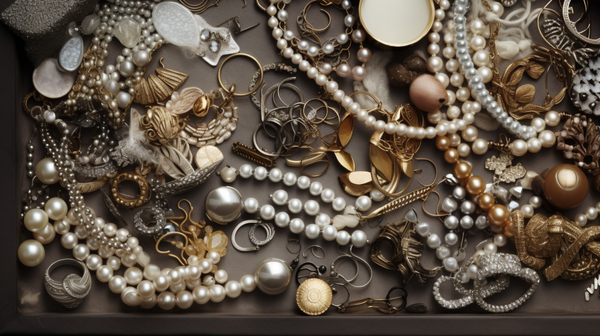 Overhead view of a diverse collection of jewelry pieces, including rings, necklaces, bracelets, and earrings on a neutral surface.