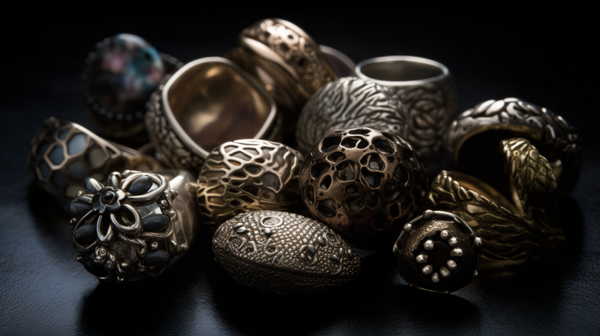 Close-up of various jewellery pieces showcasing a range of textures, from polished smooth surfaces to heavy textures