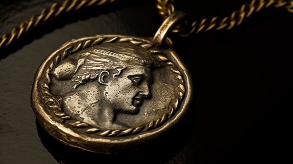 Close-up of antique Roman coin jewelry showcasing the emperor's profile