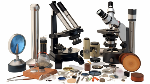 An assortment of gemmological tools including a loupe, microscope, refractometer, and spectroscope.