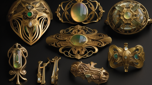 A close-up shot of Art Nouveau jewelry, displaying intricate details and organic forms typical of the period, arranged on a vintage background.