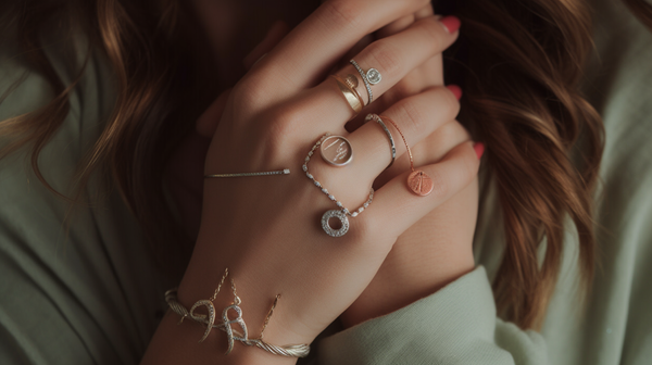 Assortment of personalized jewelry pieces on a minimalist backdrop, illustrating the role of jewelry in self-expression.