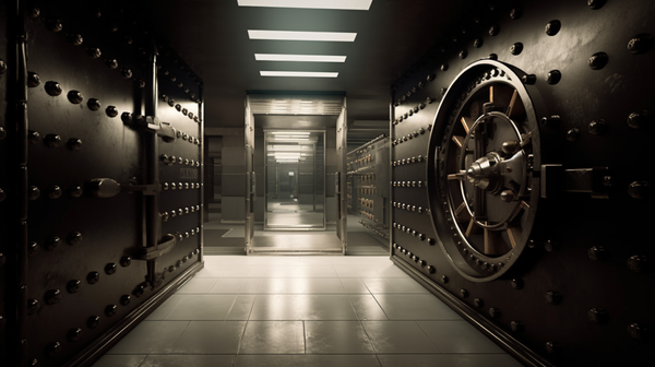 Bank vault door slightly ajar, revealing a glimpse of safety deposit boxes within, symbolizing security and exclusivity