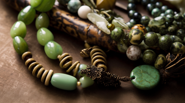 Sustainable bead jewelry pieces, intricately designed, set against a contrasting background.