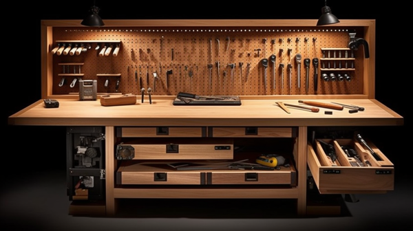 bench showing its various features such as the bench pin, tool holders, and storage drawers