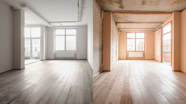 before-and-after image of a concrete floor being covered with an insulating material and wooden flooring