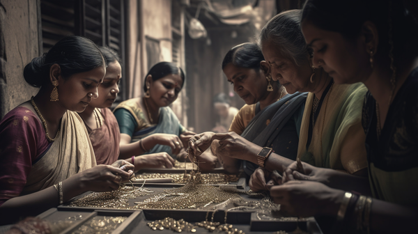 A group of women artisans working together in a jewellery workshop, each focused on their own project
