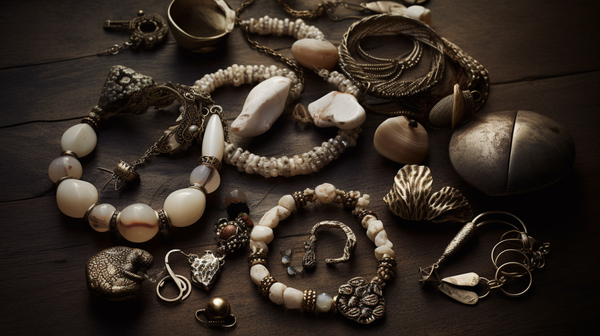 Assortment of ancient style jewelry made from bone, shell, stone, and early metal work.