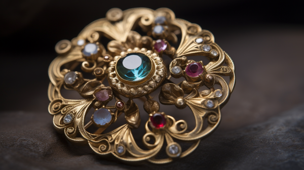close-up image of a detailed front-facing brooch