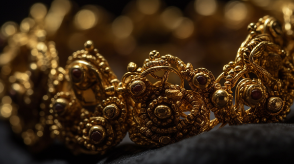 Close-up of an ancient Etruscan gold granulation jewellery piece, highlighting its exquisite patterns and craftsmanship.