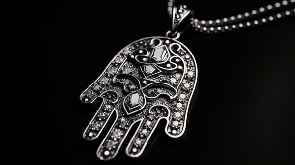 Close-up of a Hamsa hand pendant symbolizing protection, set against a culturally rich Middle Eastern backdrop.