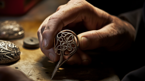 Close-up shot of jeweler's hands designing a peace symbol pendant.