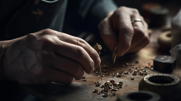 Close-up of a jeweller's skilled hands meticulously crafting a piece of jewellery, surrounded by tools and raw materials.