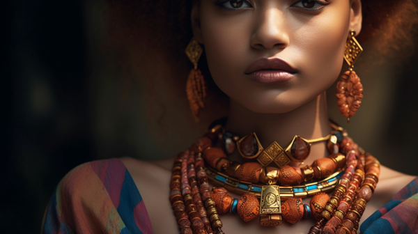 Close-up of a model wearing a beautifully crafted ethnic necklace, highlighting the intricate patterns and craftsmanship.