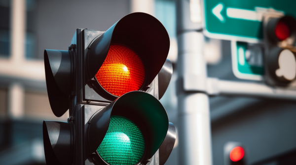 A close-up image of a brightly glowing traffic light, showcasing the red, amber, and green colors against a blurred urban background.