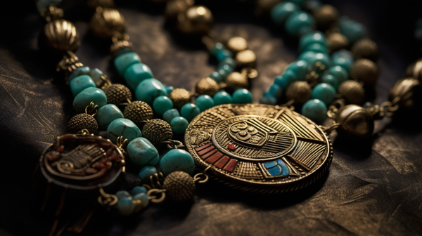 Close-up of an intricate ancient Egyptian necklace with detailed beads and metalwork