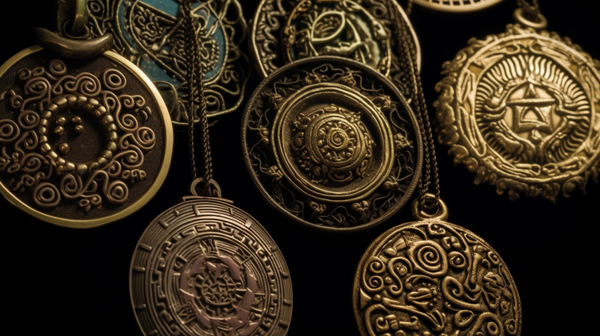  A close-up of variously designed amulets, showcasing intricate symbols like eyes, animals, geometric shapes, and spirals, made from a myriad of materials and colors.