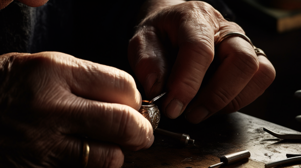  jeweler's handcrafting a piece of jewelry using traditional tools