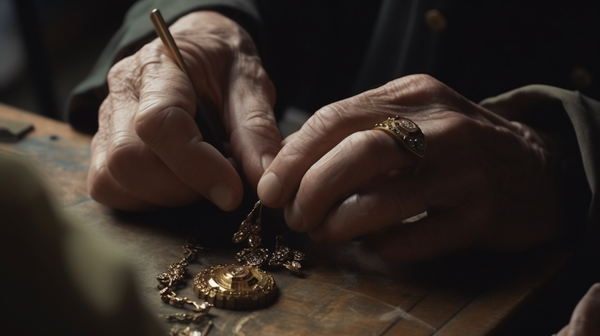 Close-up of jeweler's hands working on a piece with precision and attention to detail.