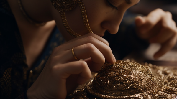 Jeweller closely examining the craftsmanship of a traditional piece of jewellery.