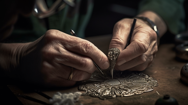 Close-up of a jeweller's hands working with metal wire to create an intricate filigree pattern.