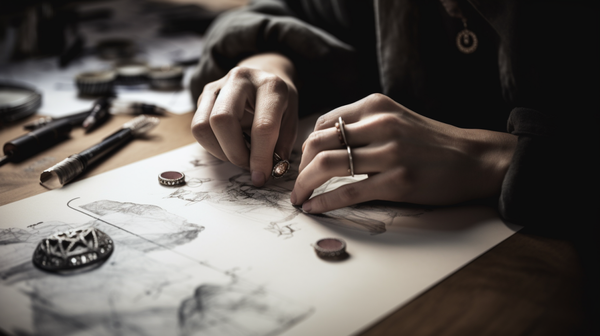 Close-up of a jewellery designer sketching a concept on paper, emphasizing their hands and the design.