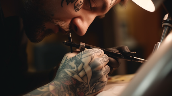 Close-up view of a tattoo artist in action, tattoo needle touching the skin creating a new design.
