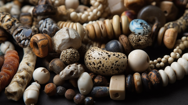 A close-up view of an assortment of ancient beads made from stones, shells, bones, and teeth, displaying the variety in their shapes, colors, and textures.