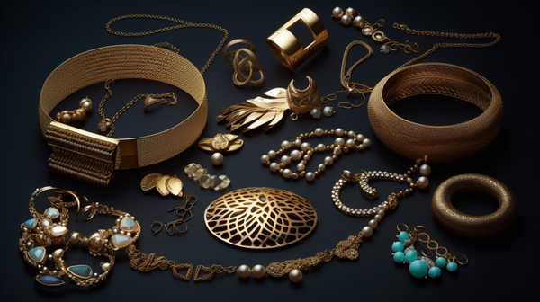 A collage of diverse jewelry pieces including rings, bracelets, necklaces, earrings, and brooches.