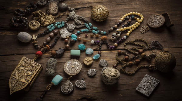 A collection of varied amulets from different cultures and times, showcasing a range of materials and designs, arranged on a rustic wooden table.