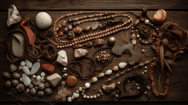 A variety of organic materials including wood, bone, leather, pearls, amber, and coral, displayed on a neutral background, showcasing their unique textures and colours.
