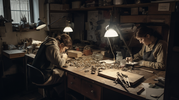A group of contemporary artist-jewellers engrossed in the jewellery-making process in their workshop, illustrating the blend of traditional techniques and innovative practices in their craft.