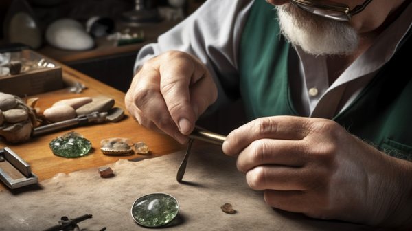  jeweler examining a raw gemstone