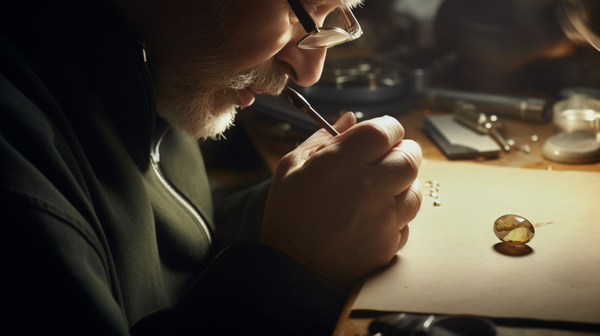 A jeweler carefully examining a raw gemstone, illustrating the deep connection between the jewel and its creator.