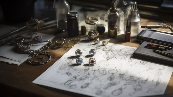 Jeweller's workspace with design sketches and brainstorming notes