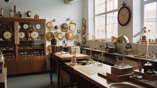Eco-friendly horologist's workshop, showcasing modern design compliant with environmental regulations.