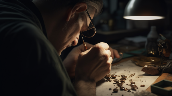 A commercial jeweller meticulously crafting a piece of jewellery at their workbench.