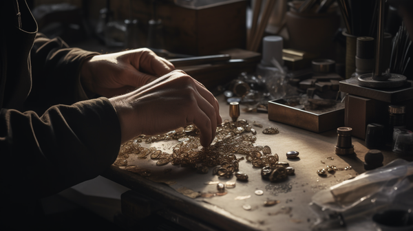 A jeweller's hands skillfully crafting a piece of jewellery amidst a workshop filled with tools and raw materials.