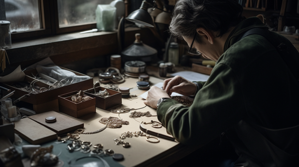 Jewellery maker engrossed in the creative process, surrounded by diverse tools and materials, exemplifying the thrill of experimentation in contemporary jewellery design.