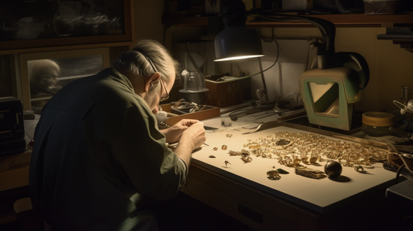 Renowned jeweler meticulously crafting an intricate piece of art jewelry in their workshop.