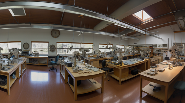a spacious horology workshop, showcasing the broad layout.