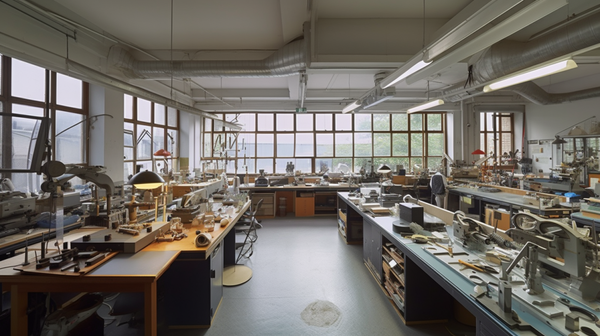 spacious horology workshop, showcasing the broad layout. Highlight the generous dimensions