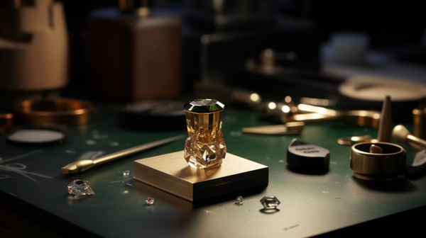 Traditional jewellery making tools laid out on a workbench, with a CAD program open on a computer in the background, symbolizing the blend of traditional craftsmanship and modern technology in contemporary jewellery design.