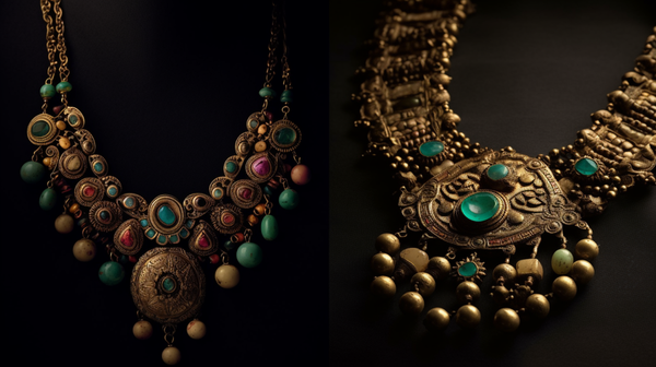 Side-by-side comparison of a traditional ethnic jewellery piece and its contemporary counterpart, showcasing design similarities and differences